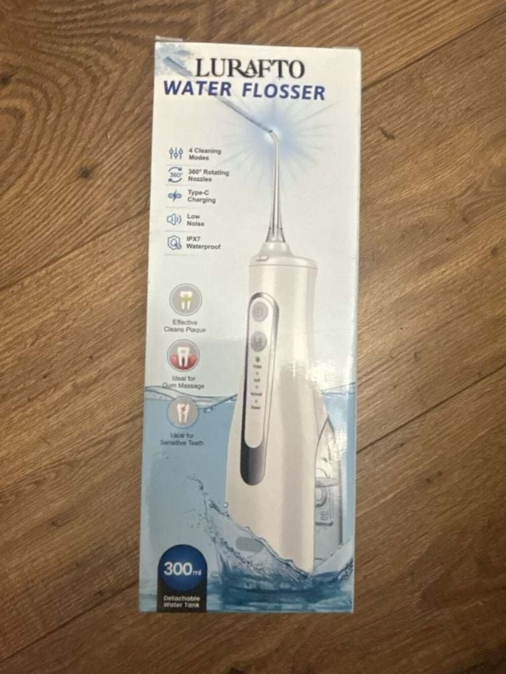 Lurafto Cordless Water Flosser Dental Oral Irrigator 300ml Tank 4 Modes White